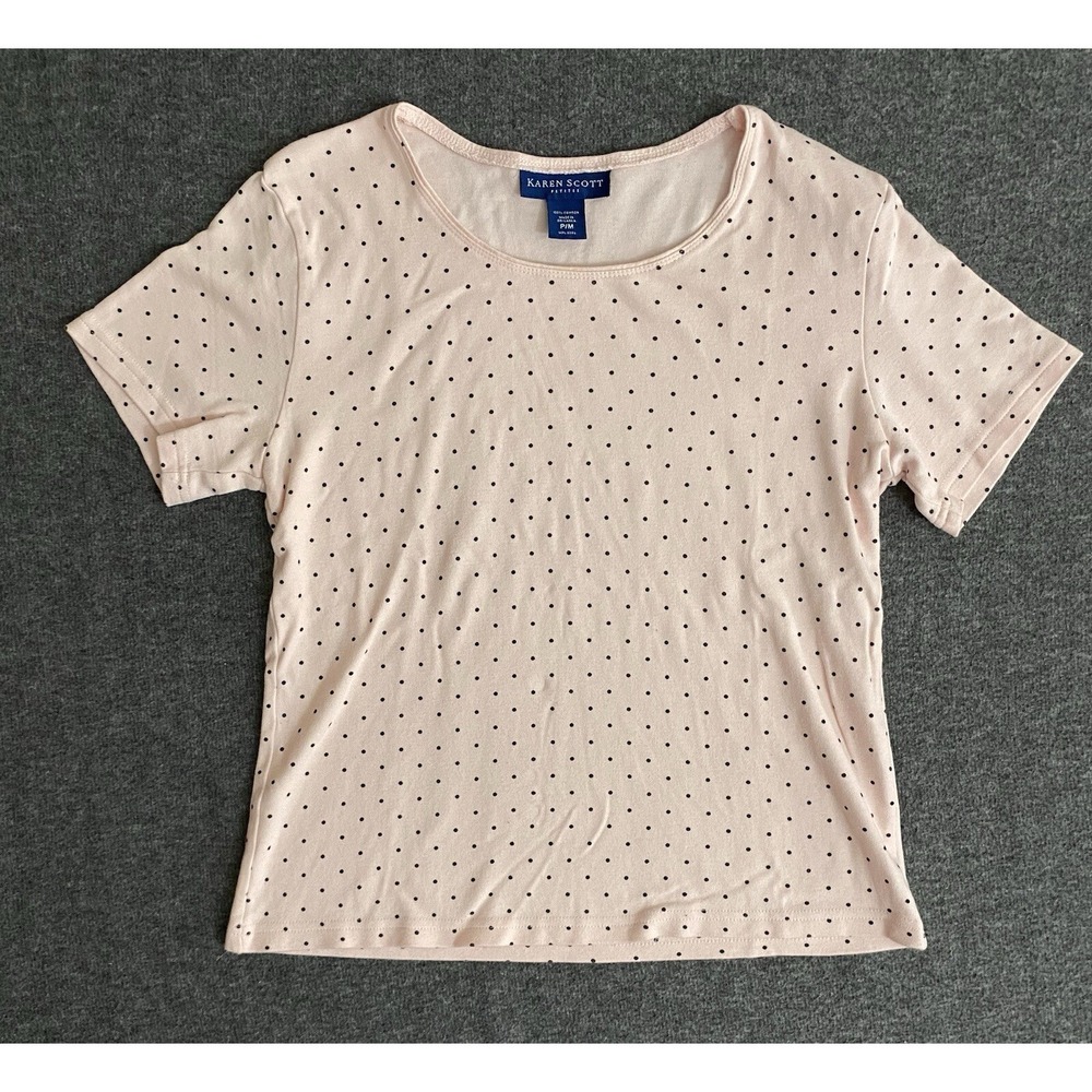 Karen Scott Petites Pink Polka Dot Short Sleeve Knit Blouse Top PM Regular Fit